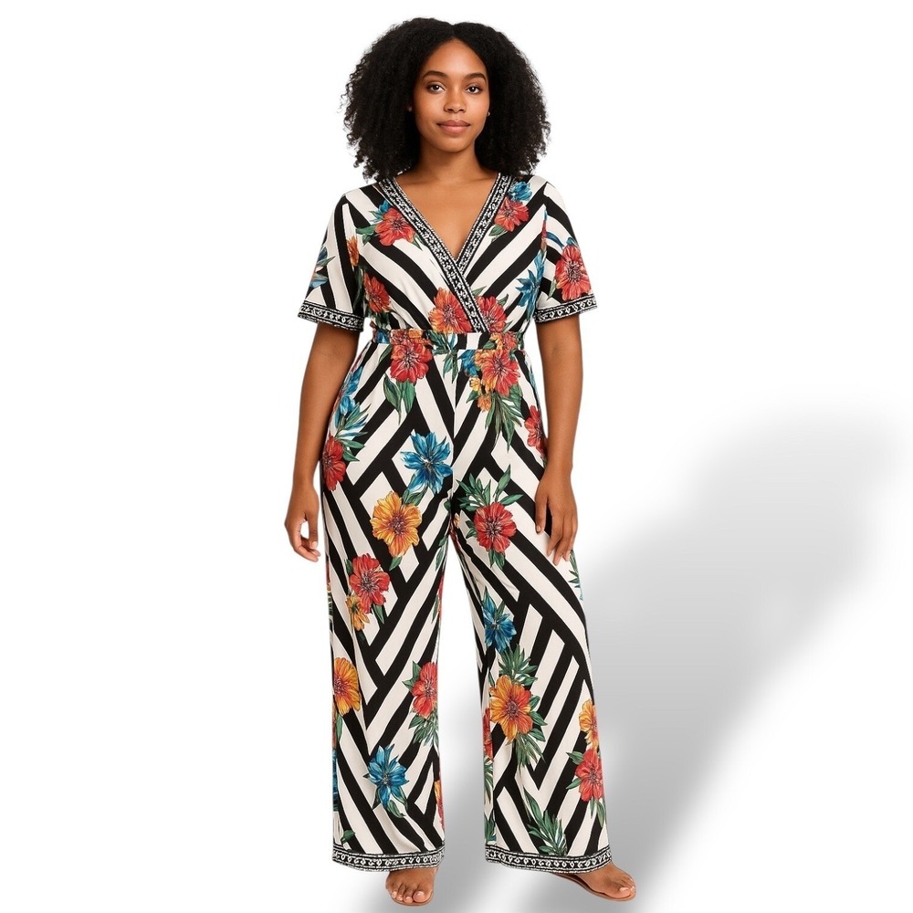 Flying Tomato Bold Floral Stripe Wide Leg Jumpsuit Size S Summer Vacation Boho
